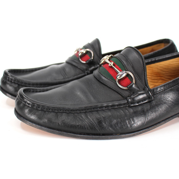 GUCCI Black Leather Web Silver Horsebit Loafers 11 Slip On Italian Almond Shoes - Picture 3 of 7